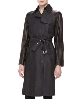 Womens Denim & Leather Sleeve Trench Coat   Michael Kors   Black (2)