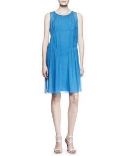 Womens Sleeveless Pleated Drop Waist Shift Dress   Nina Ricci   Blue (38)