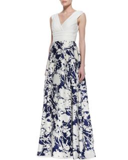 Womens Sleeveless Floral Skirt Ball Gown, Ivory/Twilight Blue   Aidan Mattox  