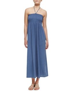 Womens Acadia Smocked Linen Blend Halter Maxi Dress, Vintage Indigo   Soft