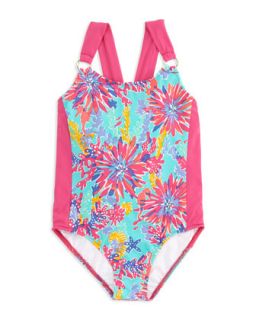 Wren Floral Print Swimsuit, Aqua   Lilly Pulitzer