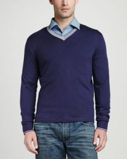 Mens Superfine Tricolor V Neck Sweater, Navy   Navy (SMALL)
