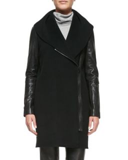 Womens Leather Sleeve Shawl Collar Coat, Black   Vince   Black (PETITE)