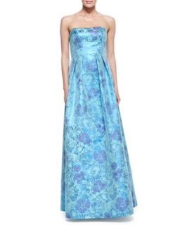 Womens Strapless Floral Print Jacquard Gown, Blue Multi   Kay Unger New York  