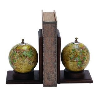 Classic Wooden And Metal Globe Bookends (set Of 2)