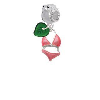 Hot Pink Bikini Frog Charm Bead with Green Leaf Jewelry