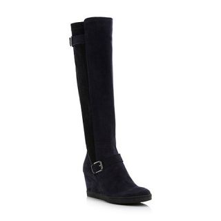 Dune Navy suede toddy panelled knee high wedge boots