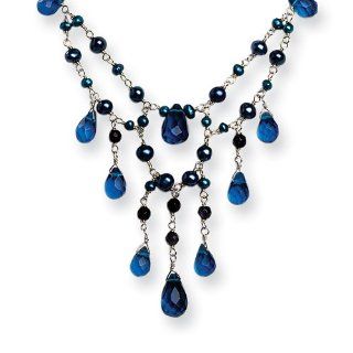 Sterling Silver Blue Goldstone/Blue Crystal/FW Cultured Pearl Necklace Jewelry