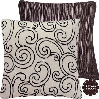Semisweet Couture Collection   20" Square Modern Textured Chenille Throw Pillow Cover   Floral Swirls and Stripes   Chocolate Dark Brown and Beige Cream Hues   1 Pillow Cover, 2 Looks   Throw Pillows For Couch