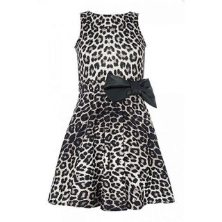 Quiz Stone And Black Leopard Print Cut Out Marcella Bow Skater Dress