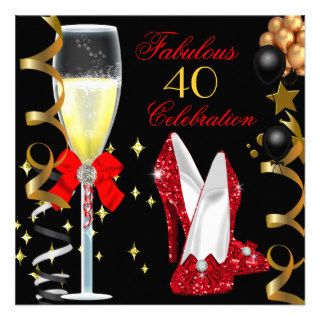 Red Black Gold 40 & Fabulous 40th Birthday Party Custom Announcements