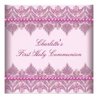 Pink Lace Pearls Girls Pink 1st Communion Custom Announcement