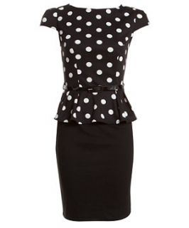 Black and White Spotted 2 in 1 Peplum Dress