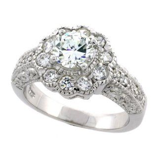 Sterling Silver Vintage Style Flower Halo Cubic Zirconia Ring with 6 mm (1 carat size) Brilliant Cut High Quality CZ Center Stone, 7/16 inch (11 mm) wide Jewelry