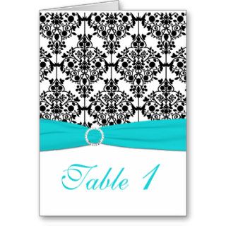 Aqua, White and Black Damask Table Number Card Card