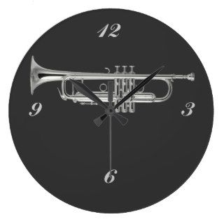 Shiny silver trumpet on charcoal background clock