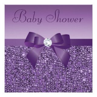 Purple Printed Sequins Bow & Diamond Baby Shower Invite