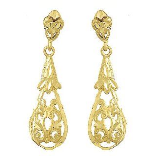 Gold Earring Teardrop Cut out Dangle Earring & Elongated Diamond Post Jewelry