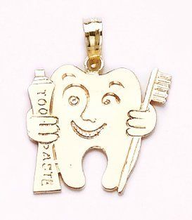 14k Gold Profession Necklace Charm Pendant, Dentist Smiling Tooth With Brush & P Jewelry