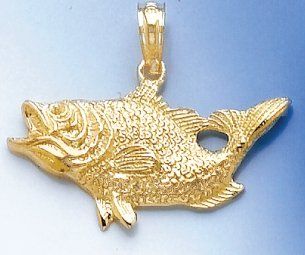 14k Gold Nautical Necklace Charm Pendant, Open Mouth Bass Fish Million Charms Jewelry