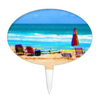 beach scene painterly chairs surfboards umbrellas cake topper