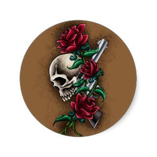 Western Skull with Red Roses and Revolver Pistol Round Stickers