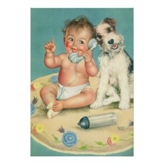 Vintage Cute Baby Talking on Phone Puppy Dog Posters
