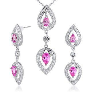 Must Have Fabulous Pear Shape Created Pink Sapphire Pendant Earrings Set in Sterling Silver Rhodium Nickel Finish Earring And Pendant Necklace Sets Jewelry