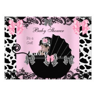 Baby Shower Cute Baby Girl Pink Zebra Cow Lace 4 Personalized Announcement