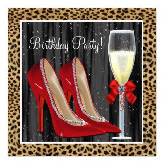 Cocktails Red High Heel Shoes Leopard Birthday Custom Invitations