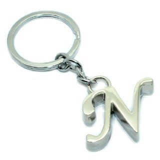 Stylish Silver Tone Metal Keychain / Key Ring with Diamante Letter N Charm Jewelry