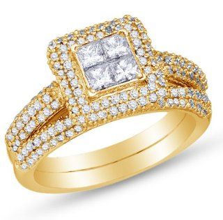 14K Yellow Gold Princess and Round Cut Diamond Bridal Engagement Ring and Matching Wedding Band Two 2 Ring Set   Halo Invisible Set Square Princess Shape Center Setting with Channel Set Side Stones   (1.28 cttw.) Jewelry