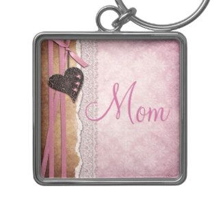 Heart, Ribbon & Lace Pink Damask Mom Key Chain