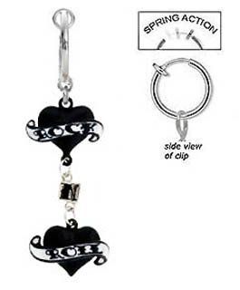 Fake Belly Navel Non Clip on Black Double 2 Heart Rock N Roll Dangle Ring Jewelry