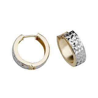 14k Yellow & White Gold 5mm Thickness Diamond cut Hoop Huggies Earrings (15mm or 0.6" Diameter) Jewelry
