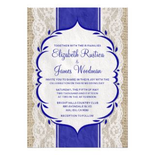 Royal Blue Vintage Linen Burlap Wedding Invitation Personalized Invitation