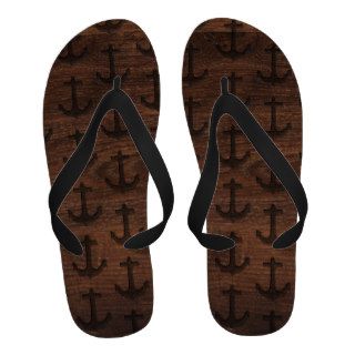 Hipster nautical anchors pattern Carved wood Flip Flops