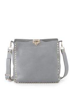 Rockstud Pebbled Leather Messenger Bag, Gray   Valentino