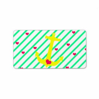 Neon Yellow Nautical Anchor Pink Hearts Stripes Address Label