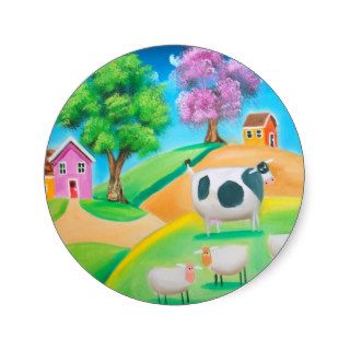 Folk art colorful cow and sheep painting sticker