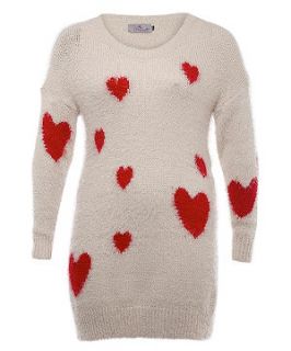 Praslin Nude and Red Heart Print Fluffy Jumper
