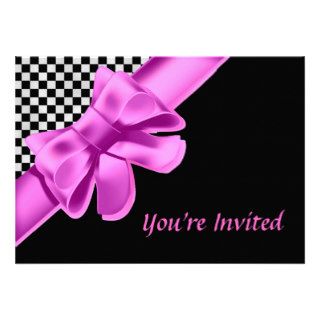 Black & White Checkerboard Pink Bow Set Invitations