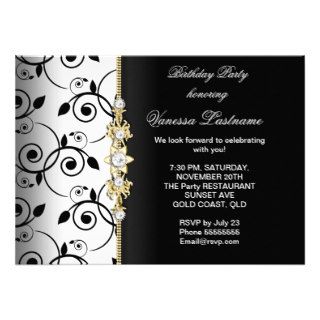 Elegant Gold Black White Floral Damask Birthday Invitation