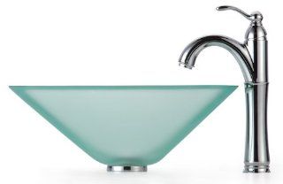 Kraus C GVS 901FR 19mm 1005SN Frosted Aquamarine Glass Vessel Sink and Riviera Faucet, Satin Nickel    