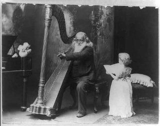 Photo Young pupil, Old man playing harp while small girl sings, c1900, Tonnesen Sisters   Prints