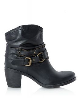 Black Leather Western Zip Ankle Boots