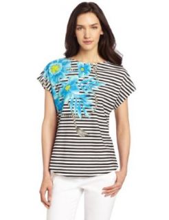 Chaus Women's Placed Floral Stripe Drape Sleeve Tee, New Ivory, Large