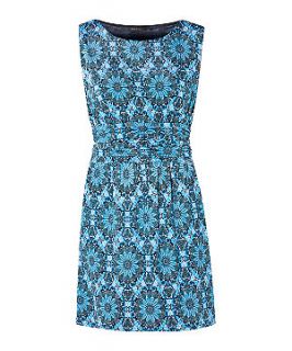 QED Blue Tile Print Ruched Waist Dress
