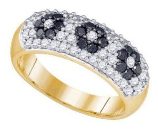 1 cttw 10k Yellow Gold Black Diamond and White Diamond Three Flower Engagement Ring, and Fashion Right Hand Wedding Anniversary Band (Real Diamonds 1 cttw, Ring Sizes 4 10) Wedding Bands Jewelry