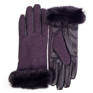 Isotoner Purple herringbone faux fur cuff gloves with leather palm